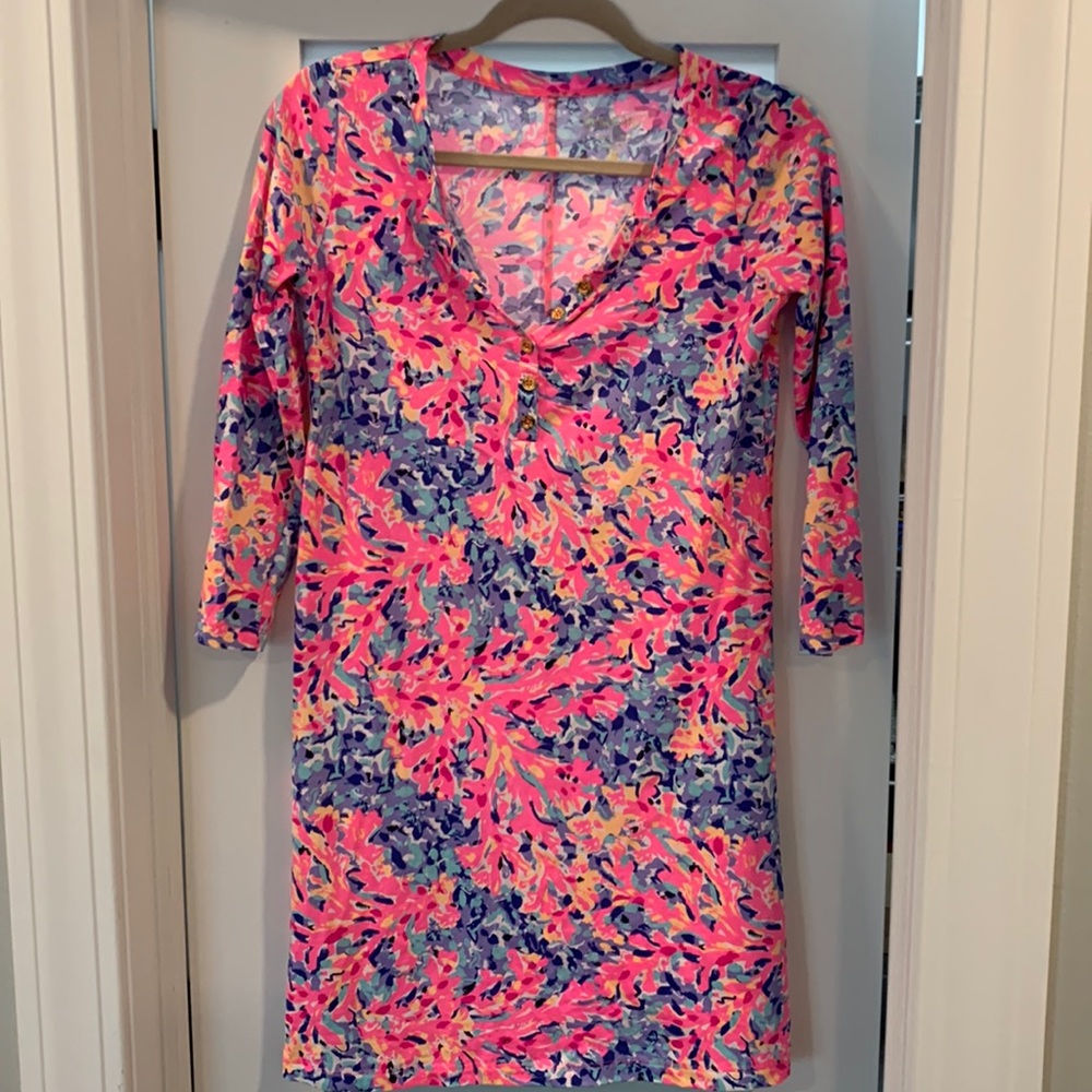 Lilly Pulitzer Dress Women Xs Pink Floral Gold Button Vacation Dress, Size XS